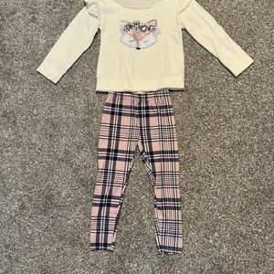 Kids Pajamas Set with Fox Design - Cream and Pink Plaid